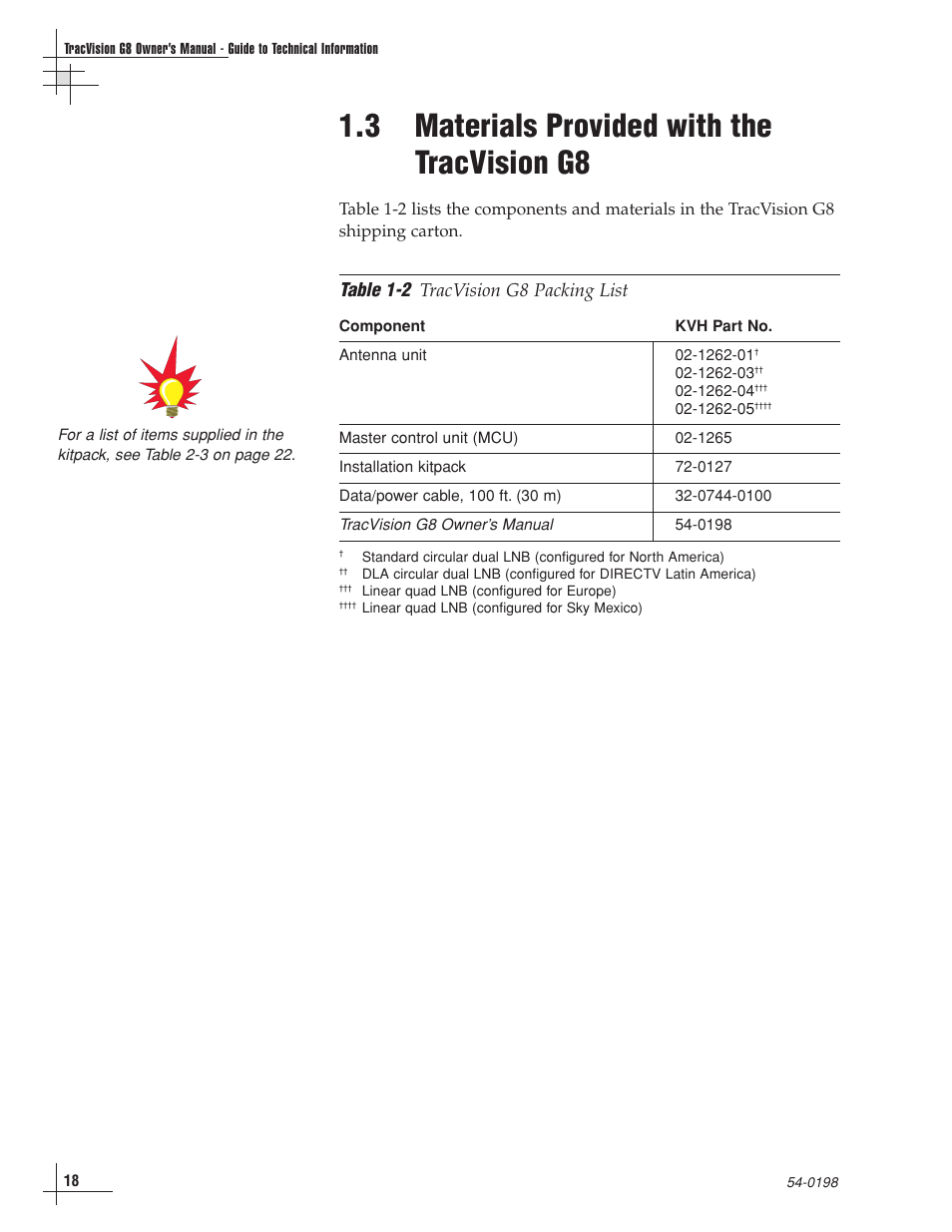 3 - materials provided with the tracvision g8, 3 materials provided with the tracvision g8, Table 1-2 | Tracvision g8 packing list | KVH Industries TracVision G8 User Manual | Page 21 / 137
