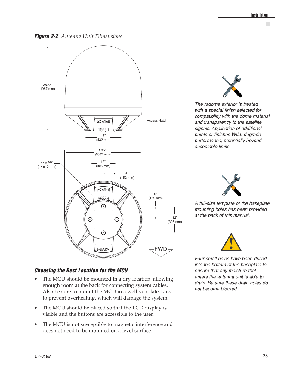 Figure 2-2, Choosing the best location for the mcu, Antenna unit dimensions | KVH Industries TracVision G8 User Manual | Page 27 / 137