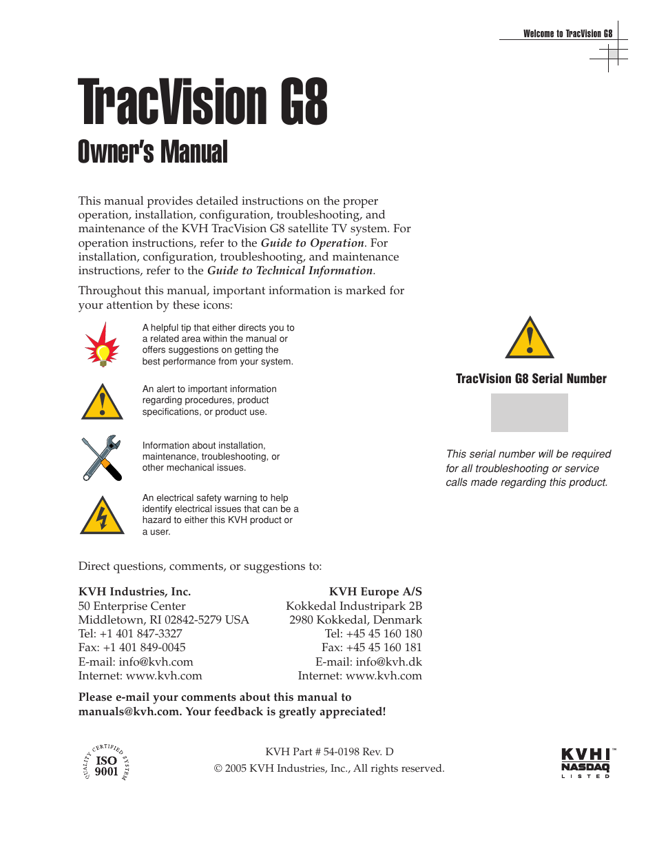 Tracvision g8, Owner’s manual | KVH Industries TracVision G8 User Manual | Page 3 / 137
