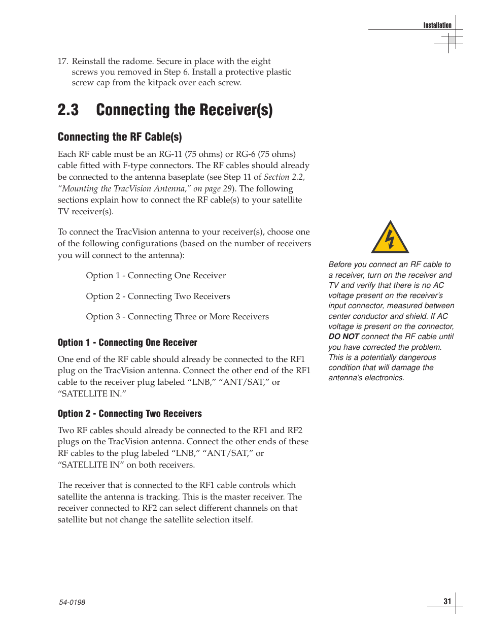 3 - connecting the receiver(s), 3 connecting the receiver(s) | KVH Industries TracVision G8 User Manual | Page 33 / 137