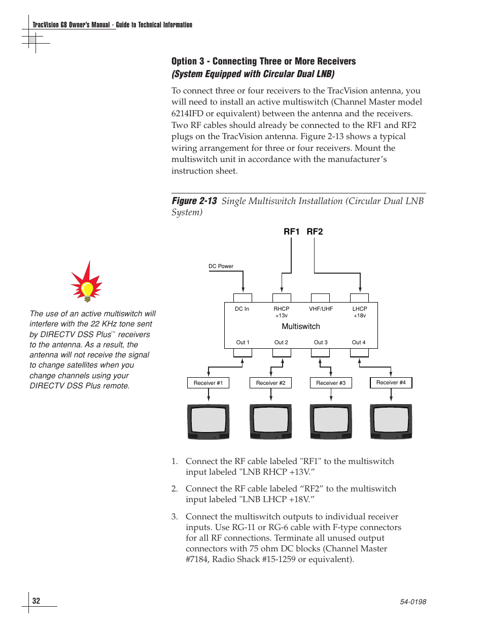 System equipped with circular dual lnb), Figure 2-13, Option 3 - connecting three or more receivers | KVH Industries TracVision G8 User Manual | Page 34 / 137