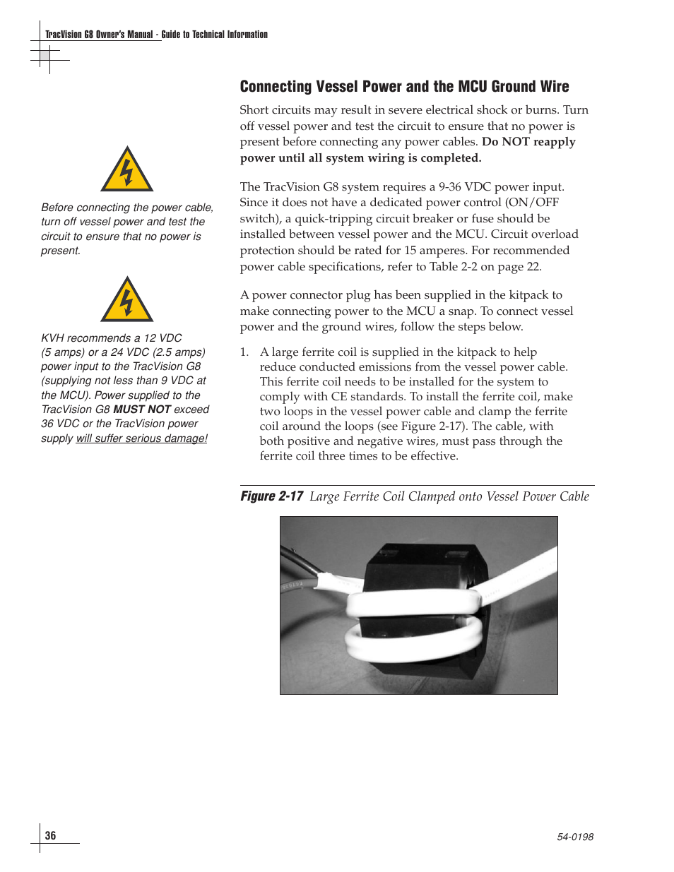 Connecting vessel power and the mcu ground wire | KVH Industries TracVision G8 User Manual | Page 38 / 137