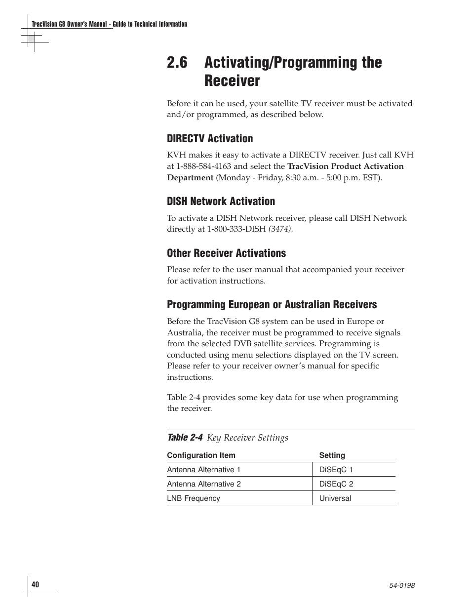 6 - activating/programming the receiver, 6 activating/programming the receiver | KVH Industries TracVision G8 User Manual | Page 42 / 137