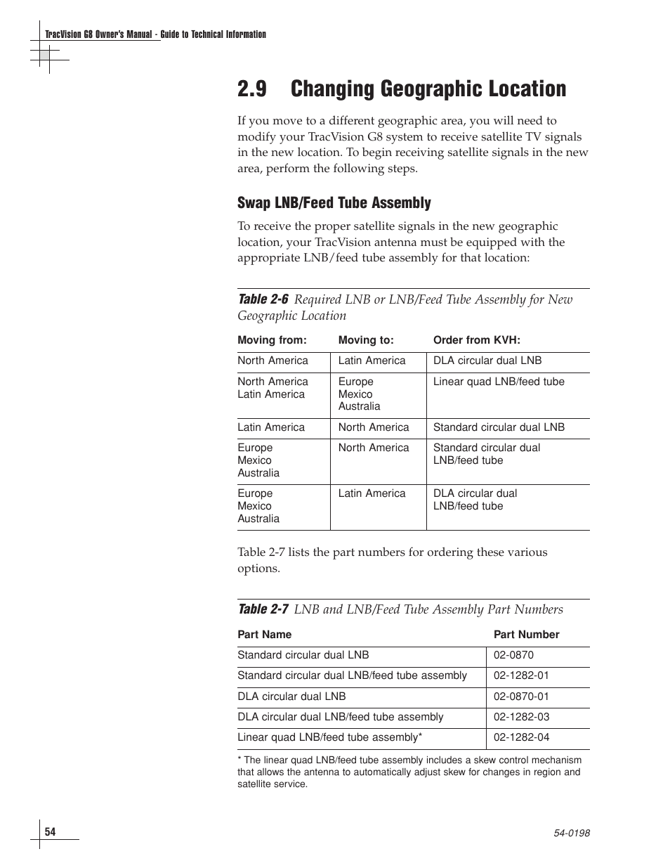 9 - changing geographic location, 9 changing geographic location, Swap lnb/feed tube assembly | KVH Industries TracVision G8 User Manual | Page 56 / 137