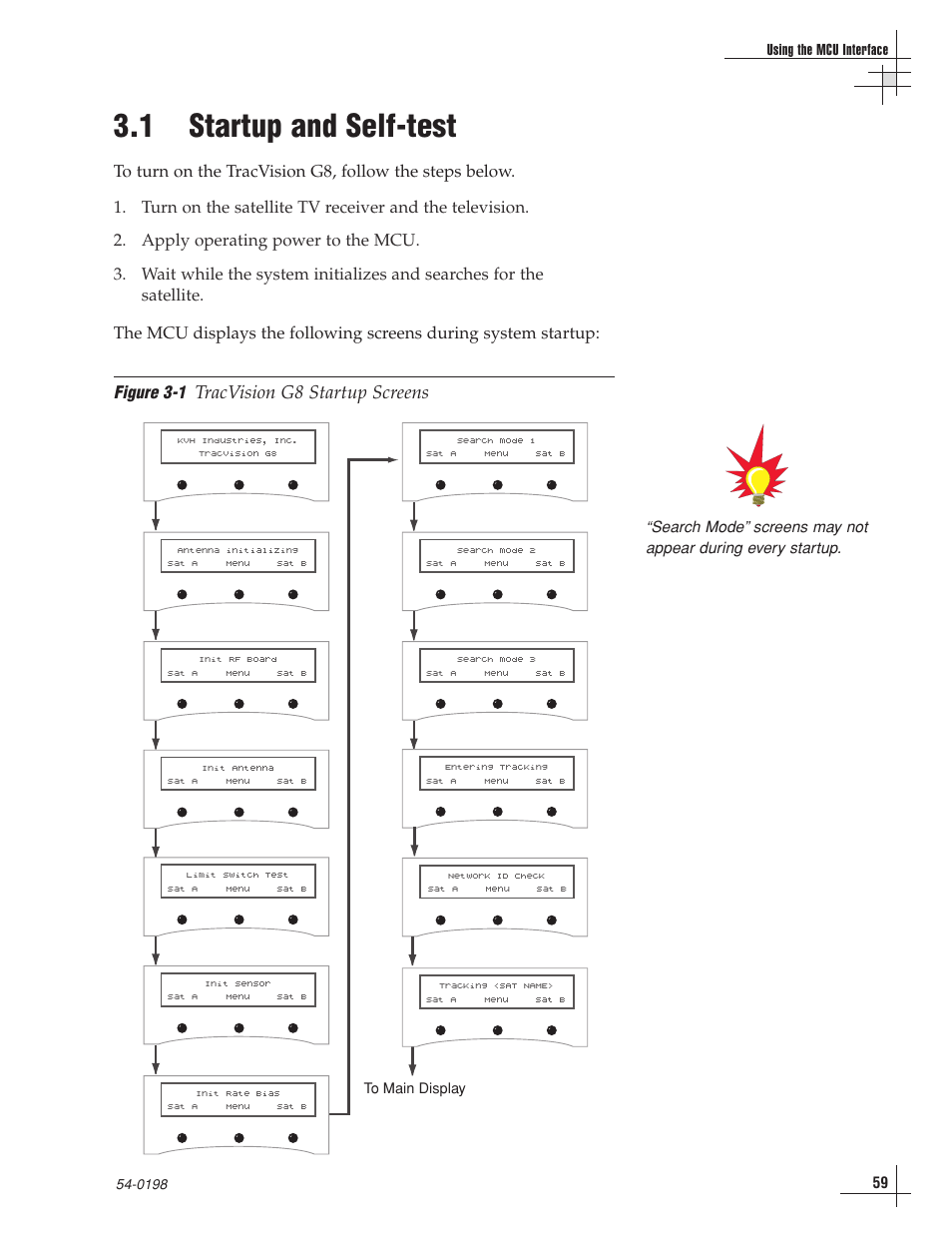 1 - startup and self-test, 1 startup and self-test, Tracvision g8 startup screens | KVH Industries TracVision G8 User Manual | Page 59 / 137