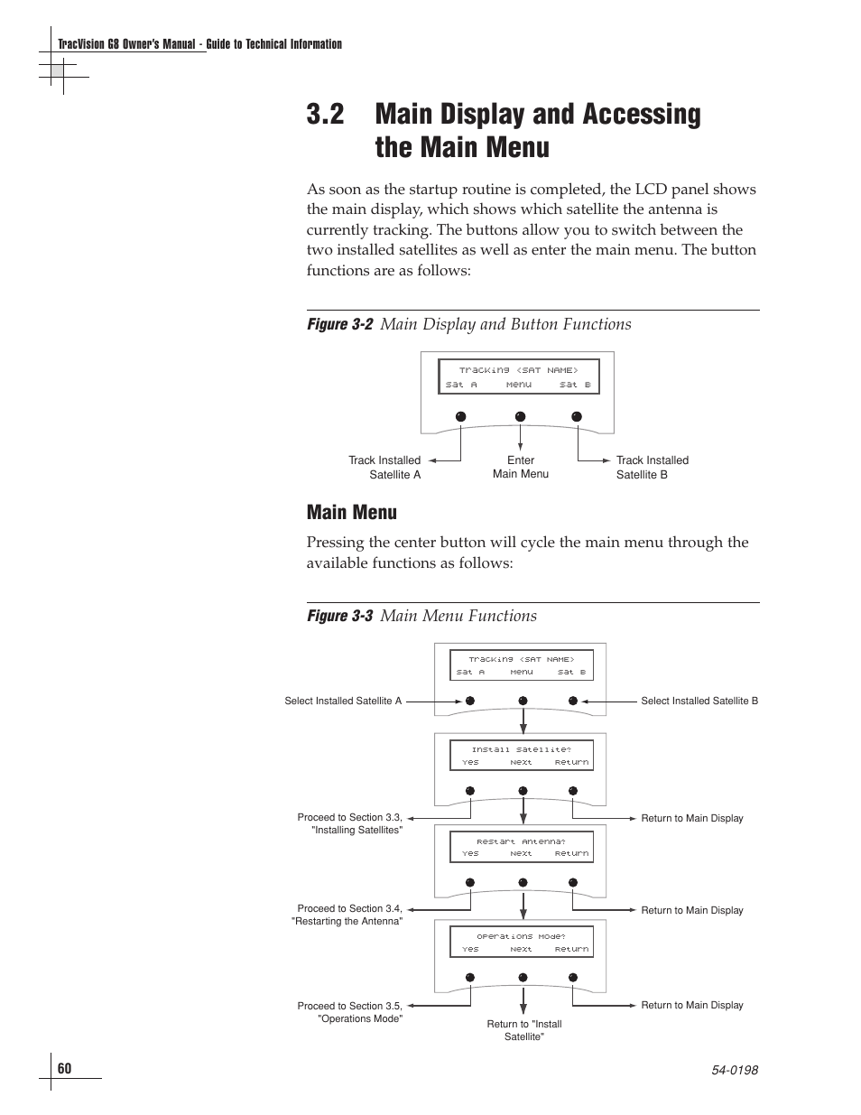 2 - main display and accessing the main menu, 2 main display and accessing the main menu, Main menu | Main display and button functions, Main menu functions | KVH Industries TracVision G8 User Manual | Page 60 / 137
