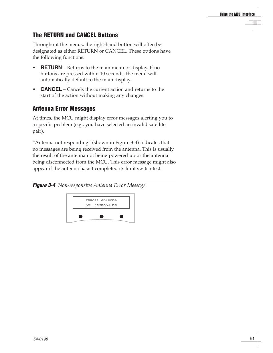 The return and cancel buttons, Antenna error messages | KVH Industries TracVision G8 User Manual | Page 61 / 137