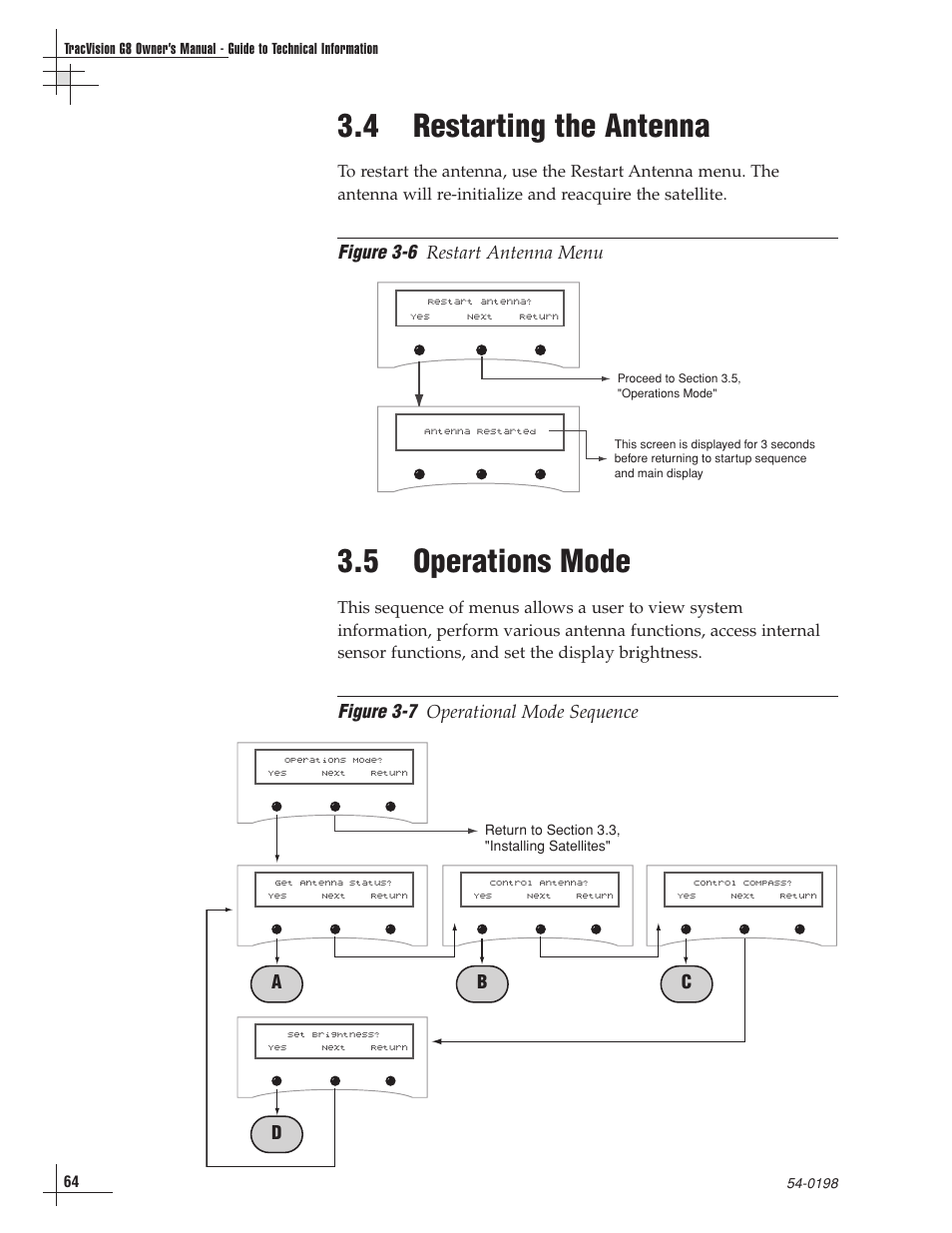 4 - restarting the antenna, 5 - operations mode, 4 restarting the antenna | 5 operations mode, Figure 3-6, Figure 3-7 | KVH Industries TracVision G8 User Manual | Page 64 / 137