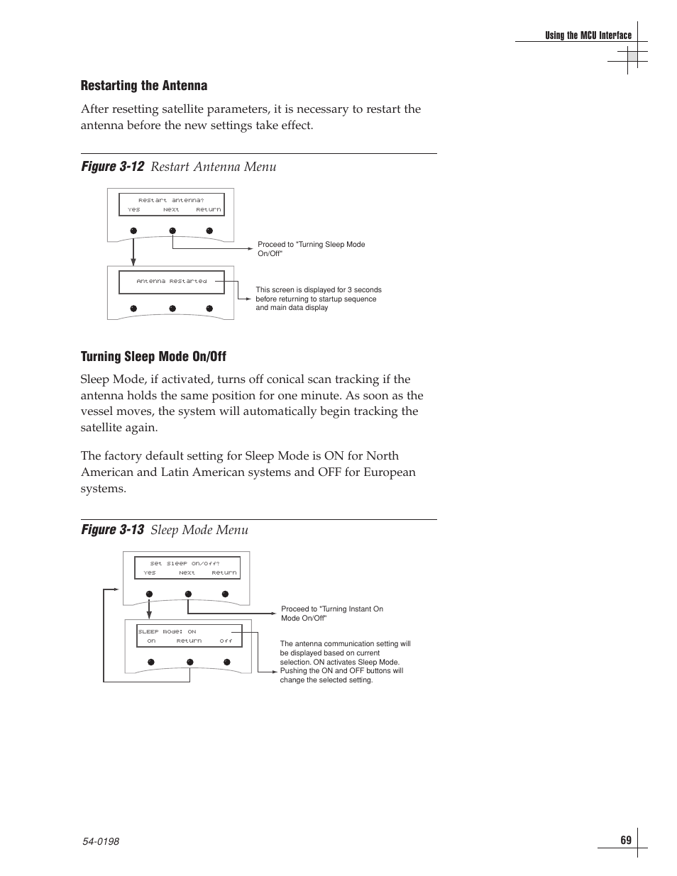 Figure 3-12, Figure 3-13, Restarting the antenna | Restart antenna menu turning sleep mode on/off, Sleep mode menu | KVH Industries TracVision G8 User Manual | Page 69 / 137