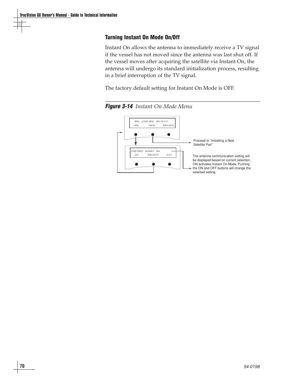 Figure 3-14, Turning instant on mode on/off, Instant on mode menu | KVH Industries TracVision G8 User Manual | Page 70 / 137