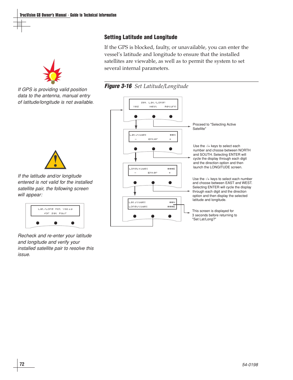 Figure 3-16, Setting latitude and longitude, Set latitude/longitude | KVH Industries TracVision G8 User Manual | Page 72 / 137