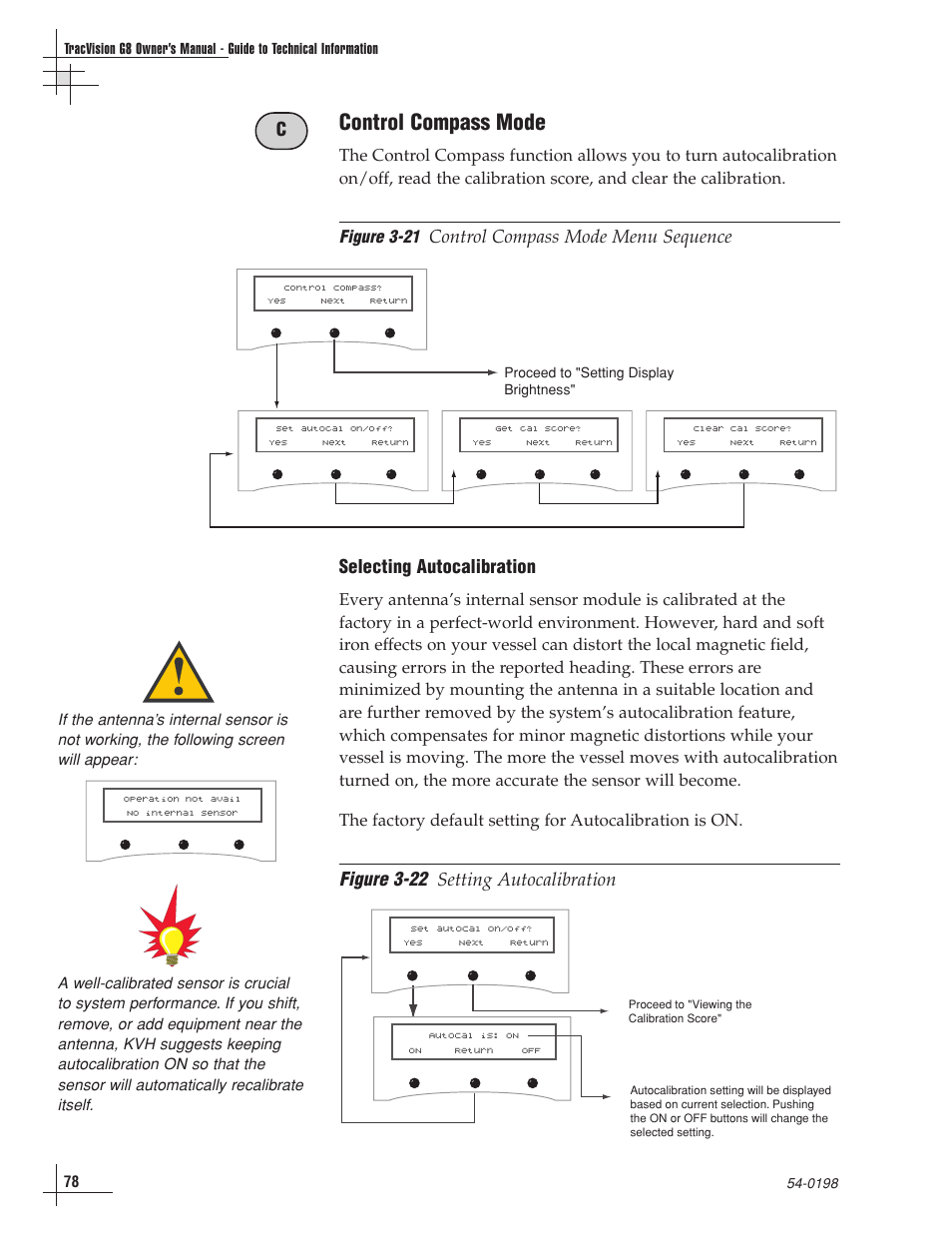 Control compass mode, Figure 3-22, Setting autocalibration | KVH Industries TracVision G8 User Manual | Page 78 / 137