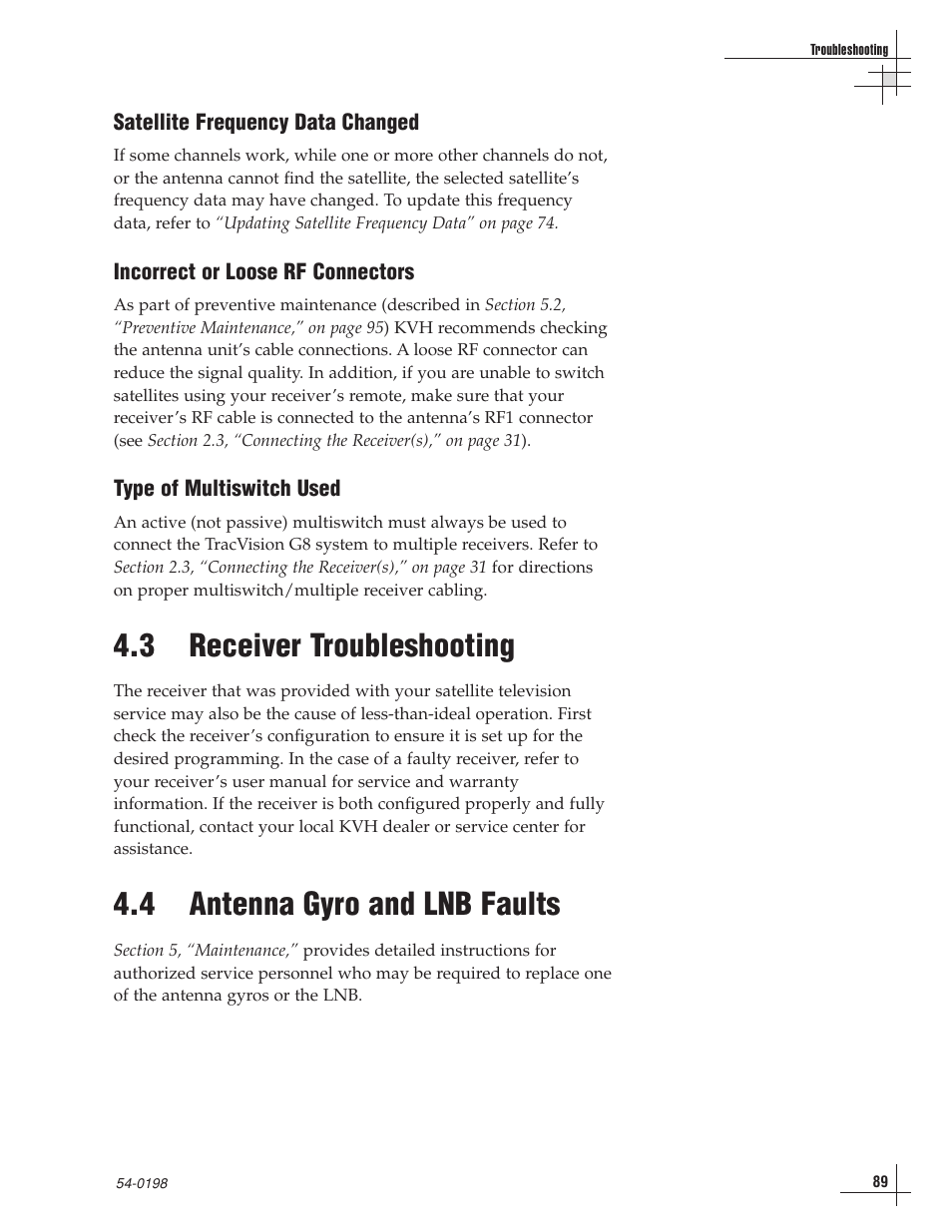 3 - receiver troubleshooting, 4 - antenna gyro and lnb faults, 3 receiver troubleshooting | 4 antenna gyro and lnb faults | KVH Industries TracVision G8 User Manual | Page 87 / 137