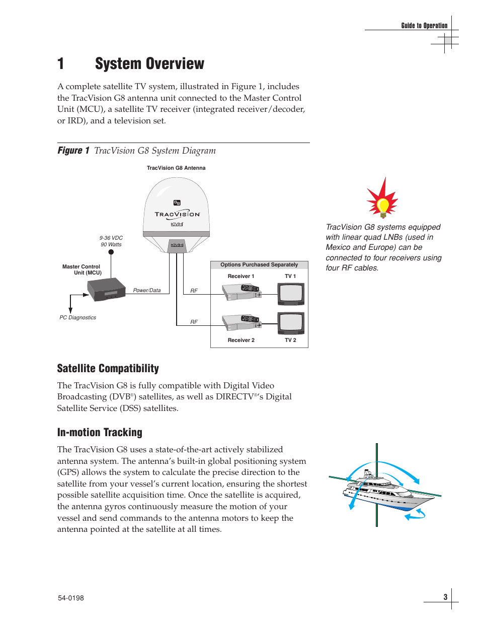 1 - system overview, 1system overview, Satellite compatibility | In-motion tracking, Figure 1, Tracvision g8 system diagram | KVH Industries TracVision G8 User Manual | Page 9 / 137