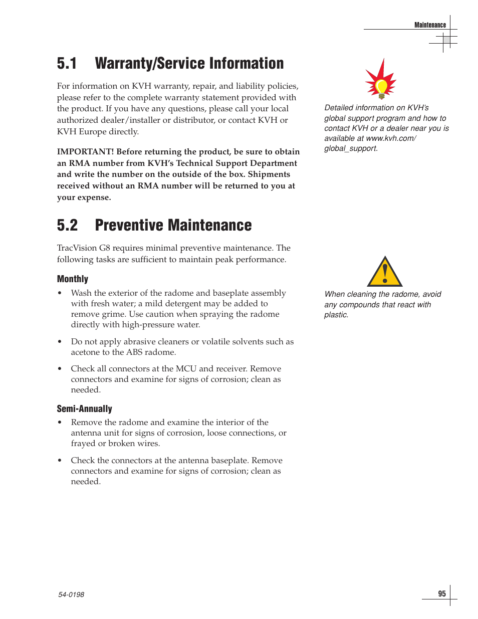 1 - warranty/service information, 2 - preventive maintenance, 1 warranty/service information | 2 preventive maintenance | KVH Industries TracVision G8 User Manual | Page 91 / 137