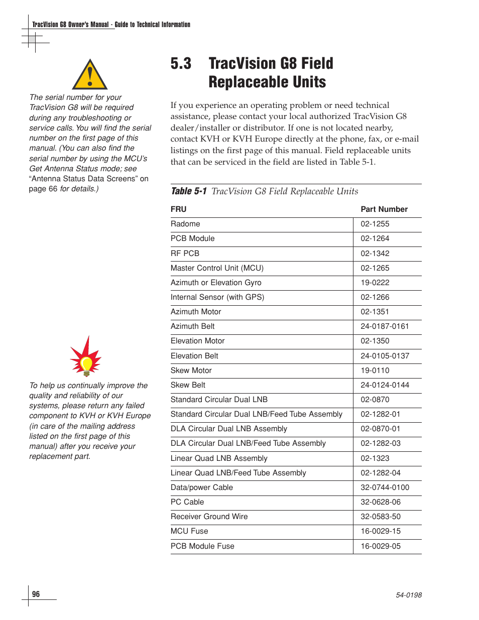 3 - tracvision g8 field replaceable units, 3 tracvision g8 field replaceable units | KVH Industries TracVision G8 User Manual | Page 92 / 137