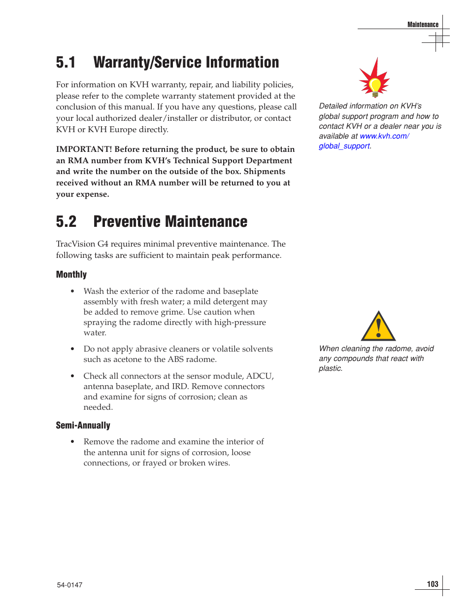 1 - warranty/service information, 2 - preventive maintenance, 1 warranty/service information | 2 preventive maintenance | KVH Industries TracVision G4 User Manual | Page 102 / 155