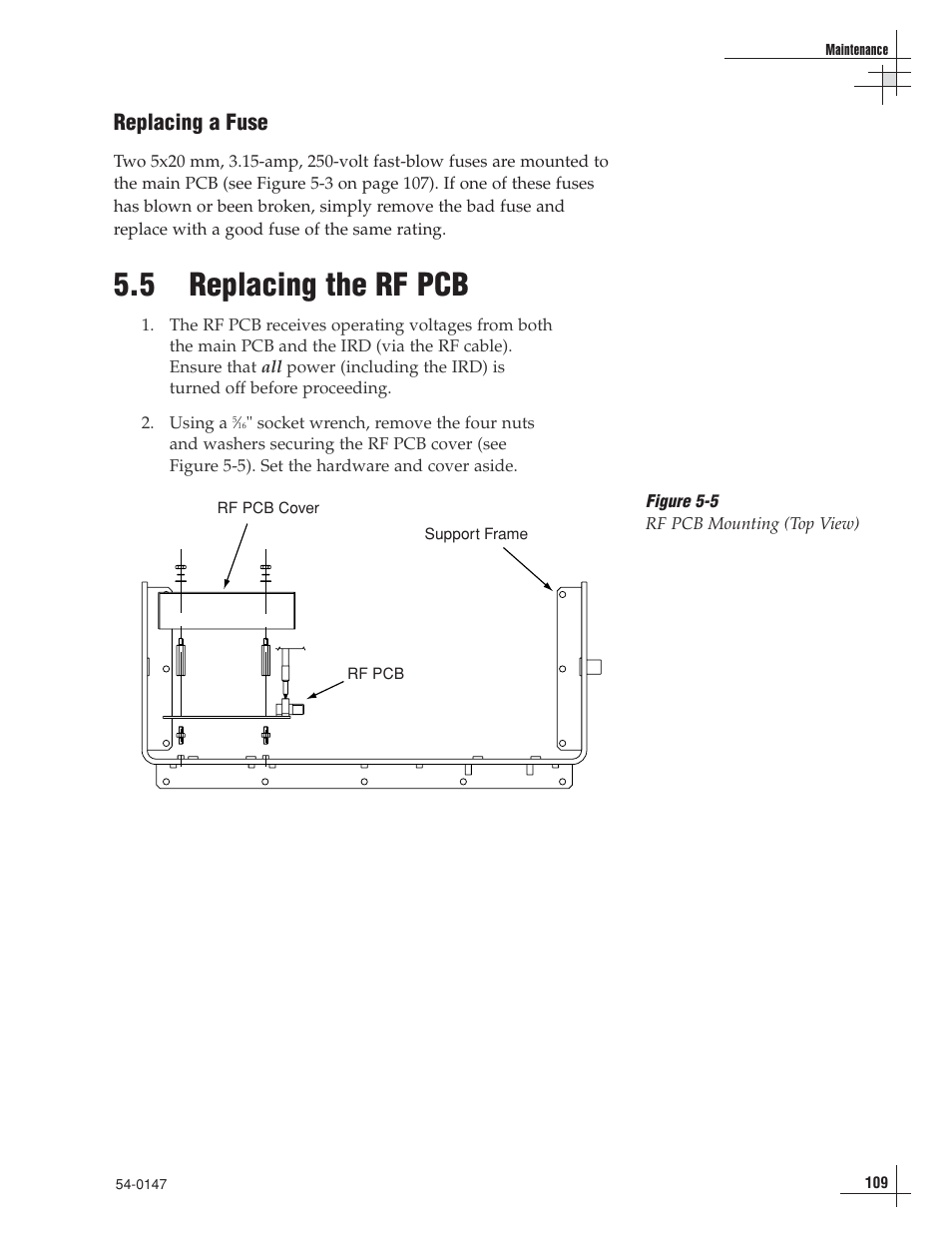 5 - replacing the rf pcb, 5 replacing the rf pcb, Replacing a fuse | KVH Industries TracVision G4 User Manual | Page 108 / 155