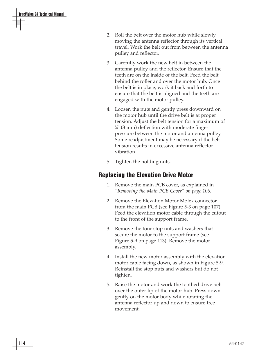 Replacing the elevation drive motor | KVH Industries TracVision G4 User Manual | Page 113 / 155