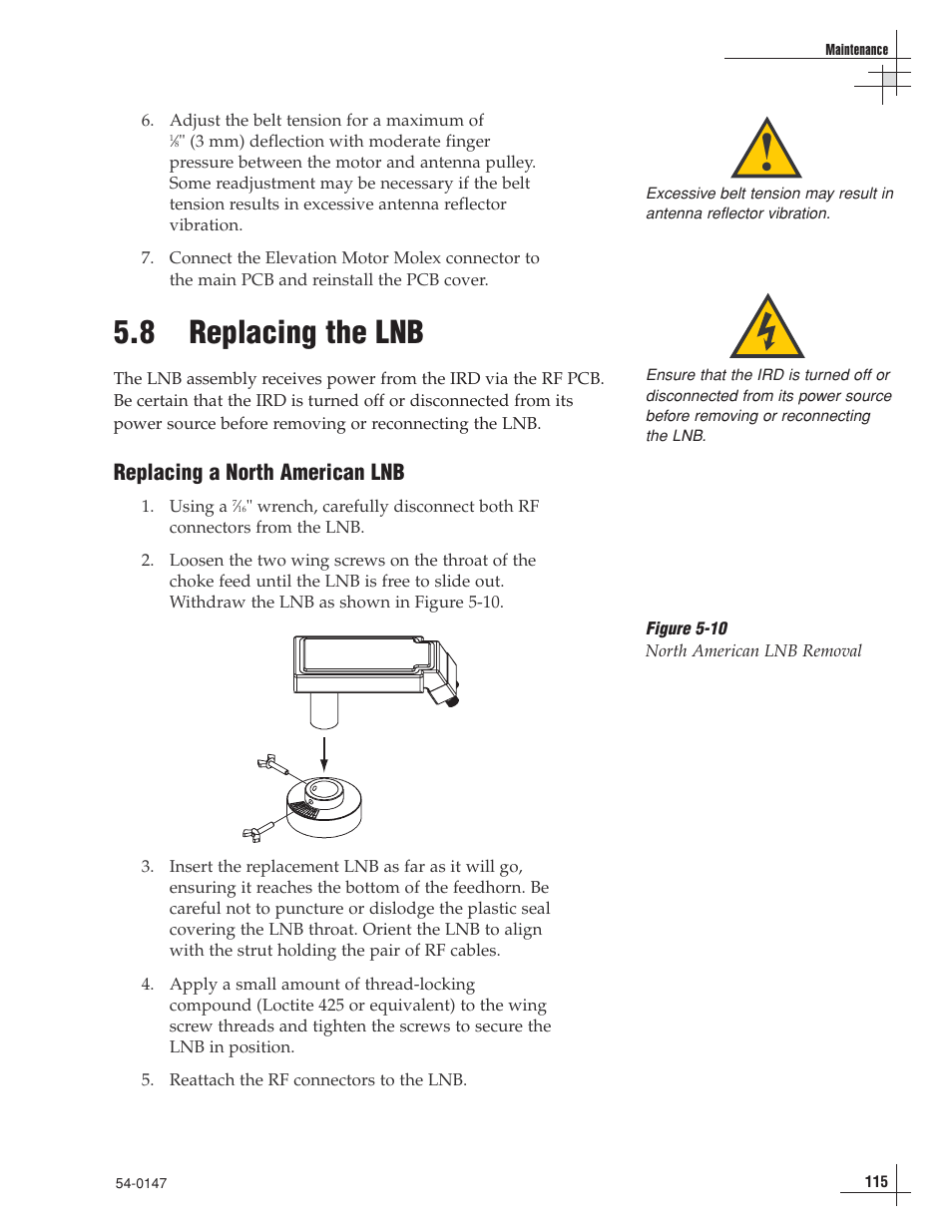 8 - replacing the lnb, 8 replacing the lnb, Replacing a north american lnb | KVH Industries TracVision G4 User Manual | Page 114 / 155