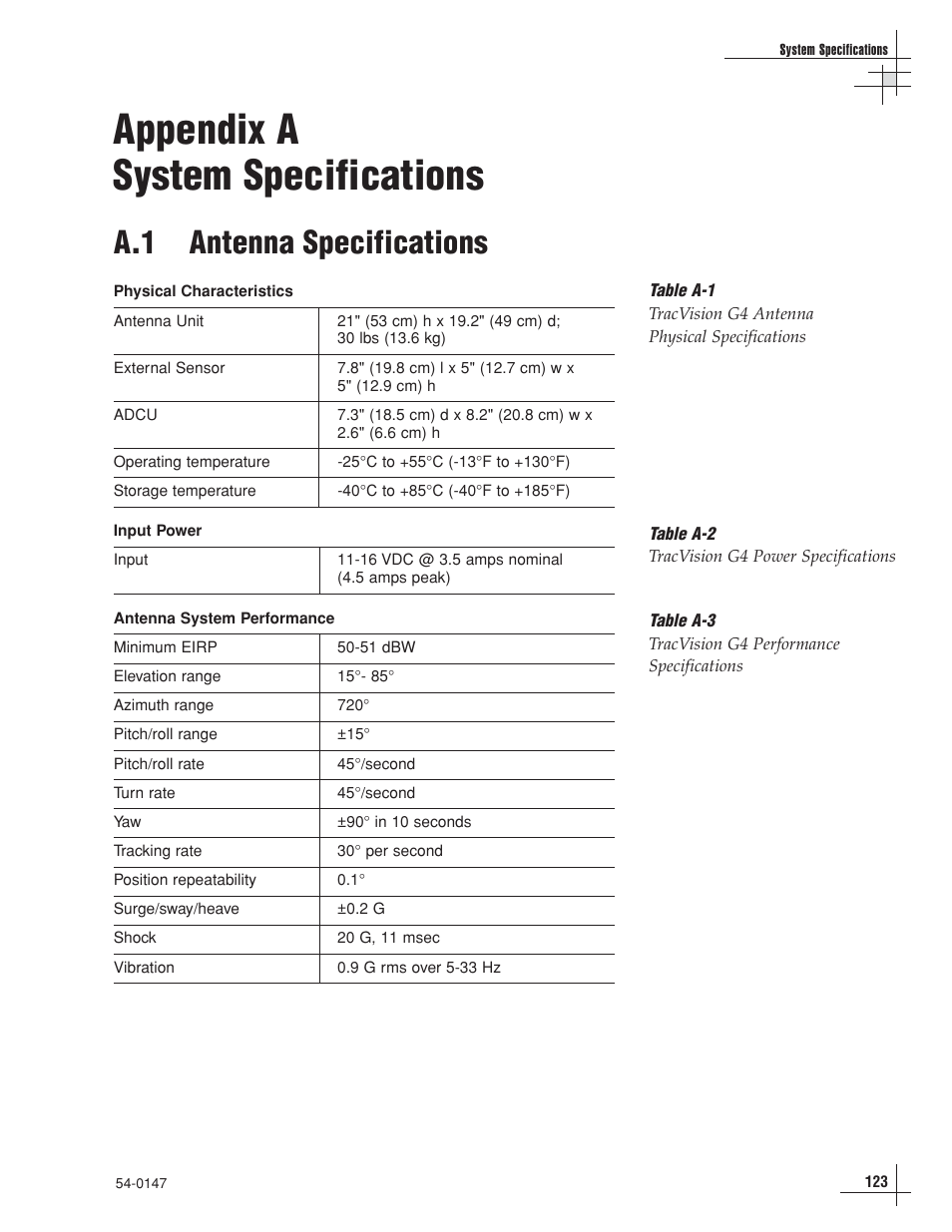 Appendix a - system specifications, Appendix a system specifications, A.1 antenna specifications | KVH Industries TracVision G4 User Manual | Page 120 / 155