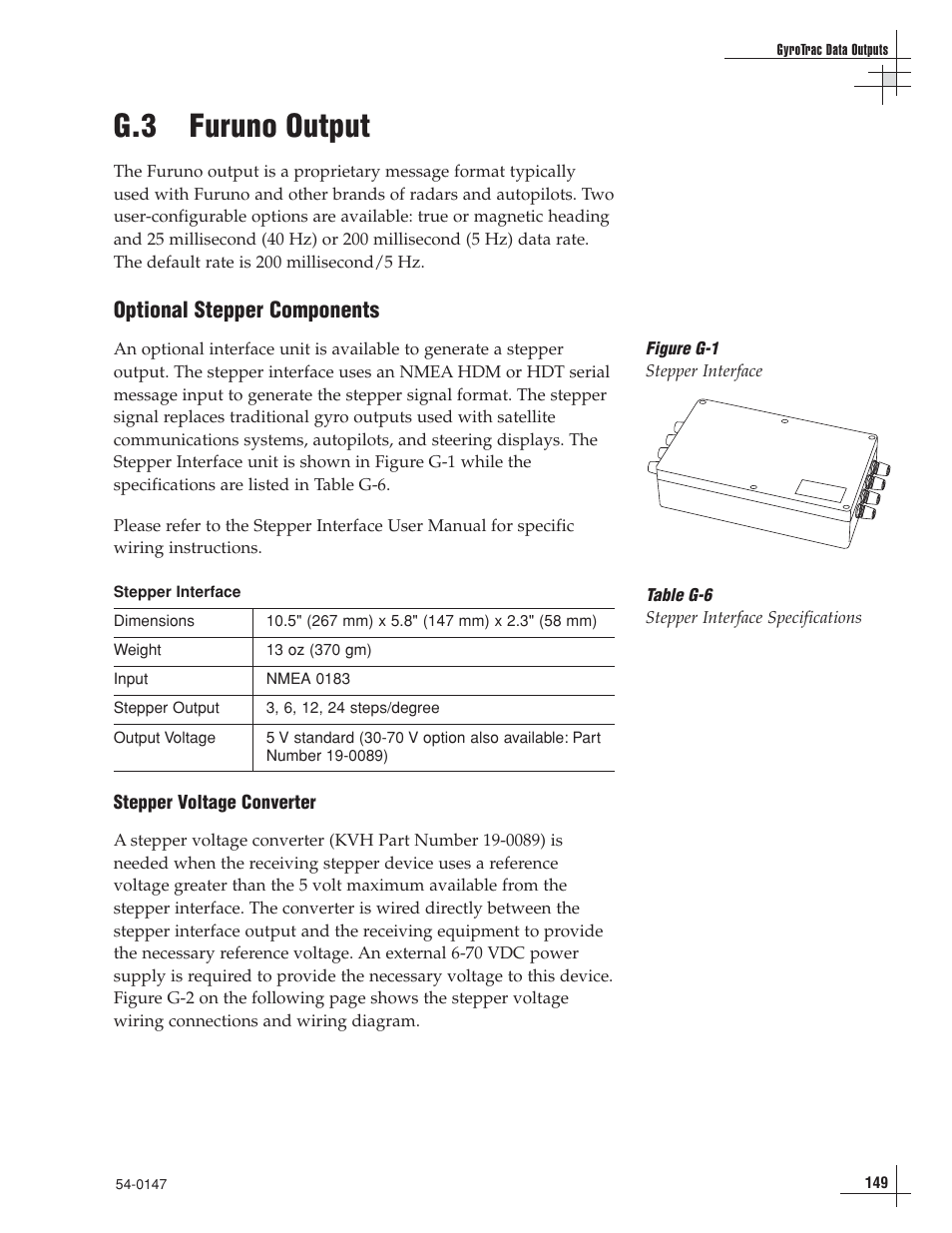 G.3 furuno output, Optional stepper components | KVH Industries TracVision G4 User Manual | Page 140 / 155