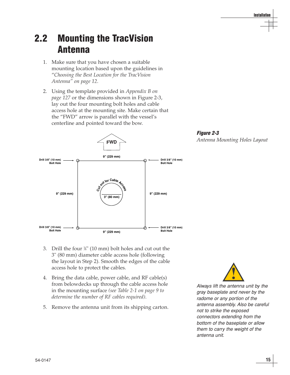 2 - mounting the tracvision antenna, 2 mounting the tracvision antenna, Figure 2-3 antenna mounting holes layout | KVH Industries TracVision G4 User Manual | Page 20 / 155