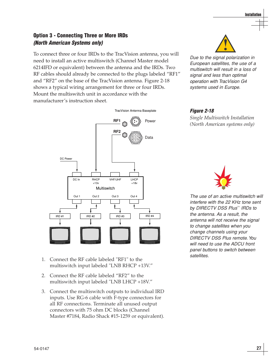 North american systems only), Option 3 - connecting three or more irds | KVH Industries TracVision G4 User Manual | Page 32 / 155