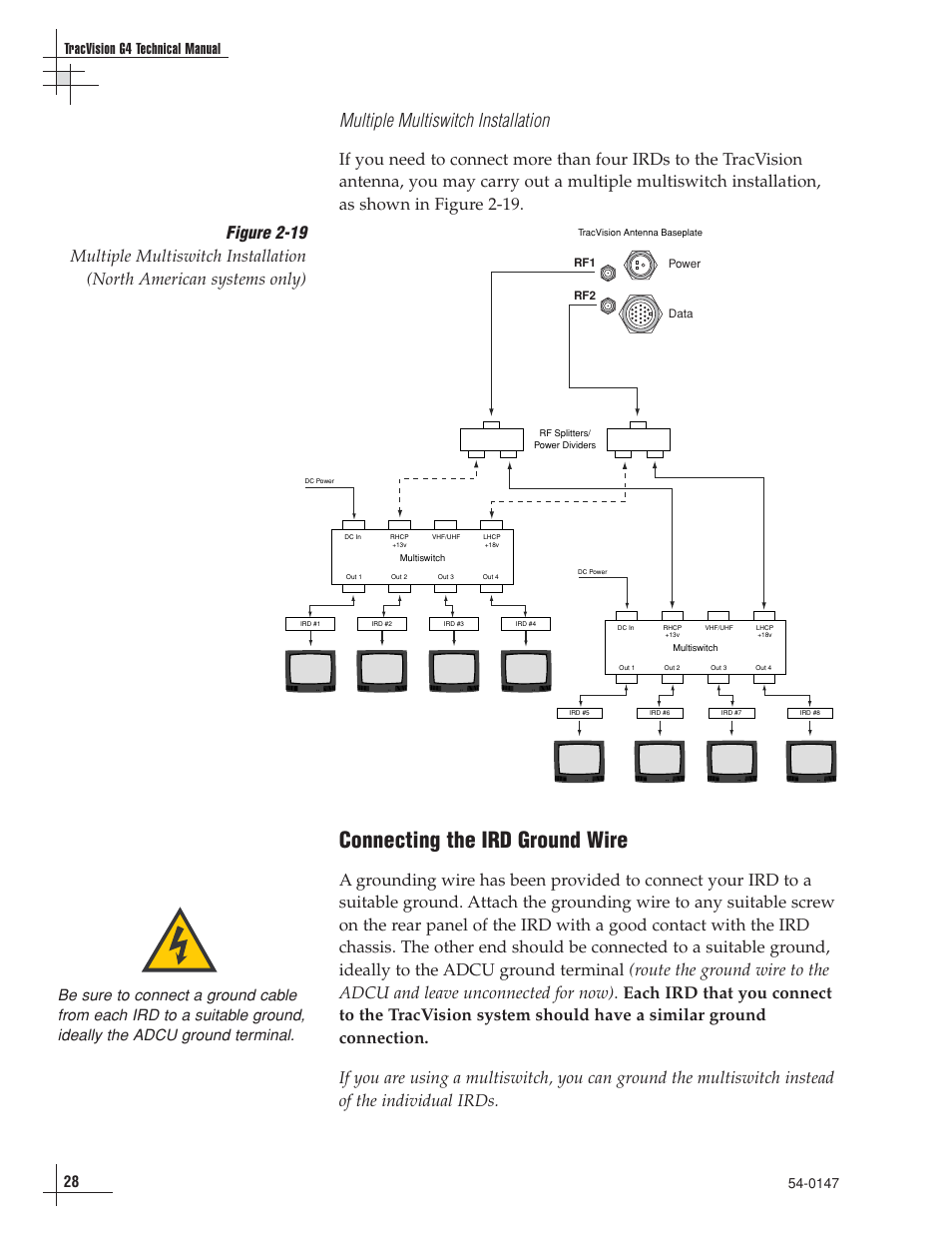 Connecting the ird ground wire, Multiple multiswitch installation, 28 tracvision g4 technical manual | KVH Industries TracVision G4 User Manual | Page 33 / 155