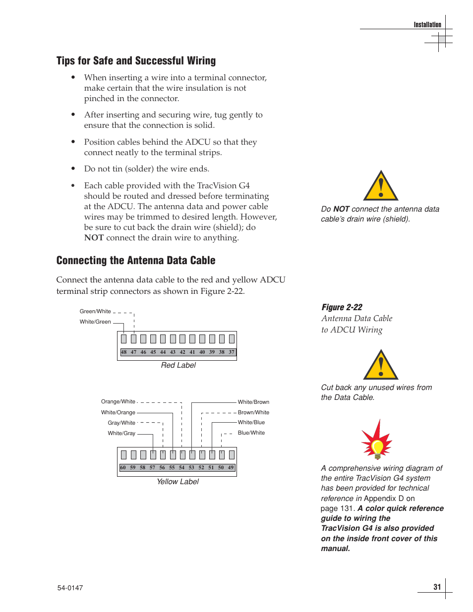 Tips for safe and successful wiring, Connecting the antenna data cable, Figure 2-22 antenna data cable to adcu wiring | KVH Industries TracVision G4 User Manual | Page 36 / 155