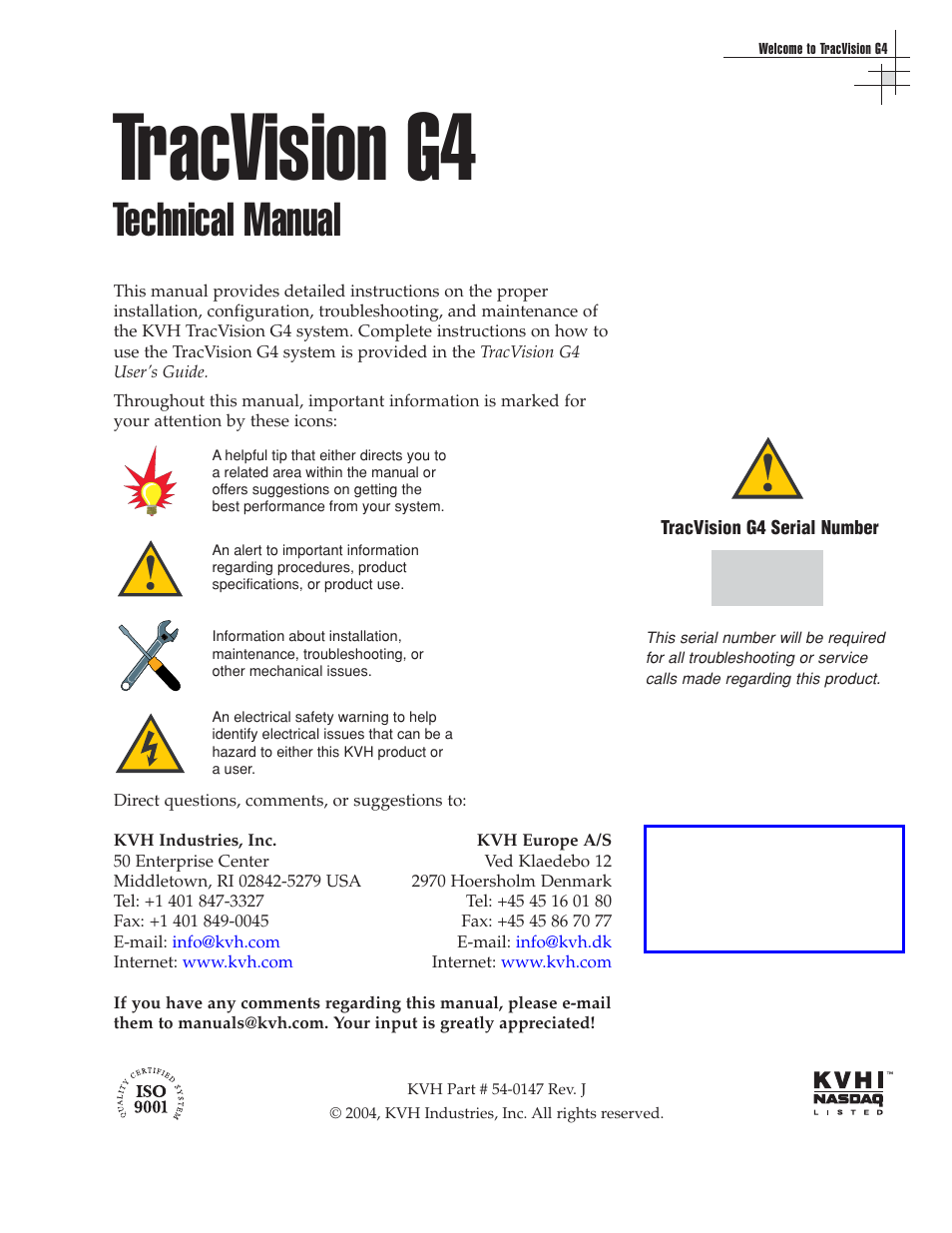 Tracvision g4, Technical manual | KVH Industries TracVision G4 User Manual | Page 4 / 155