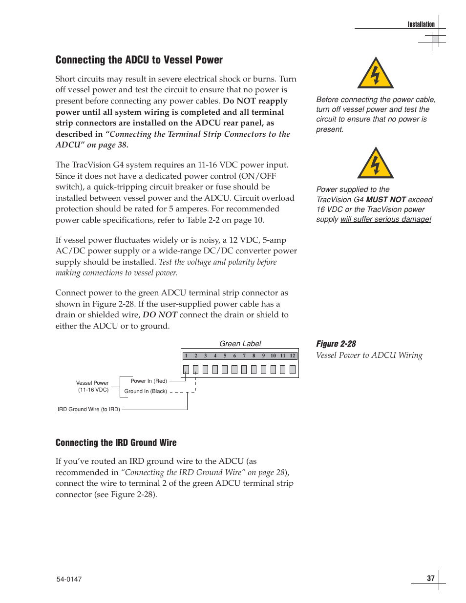 Connecting the adcu to vessel power, Connecting the ird ground wire, Figure 2-28 vessel power to adcu wiring | KVH Industries TracVision G4 User Manual | Page 42 / 155