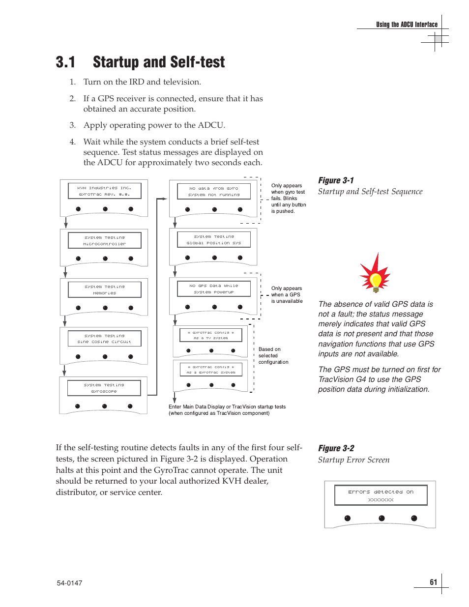 1 - startup and self-test, 1 startup and self-test, Figure 3-2 startup error screen | KVH Industries TracVision G4 User Manual | Page 64 / 155