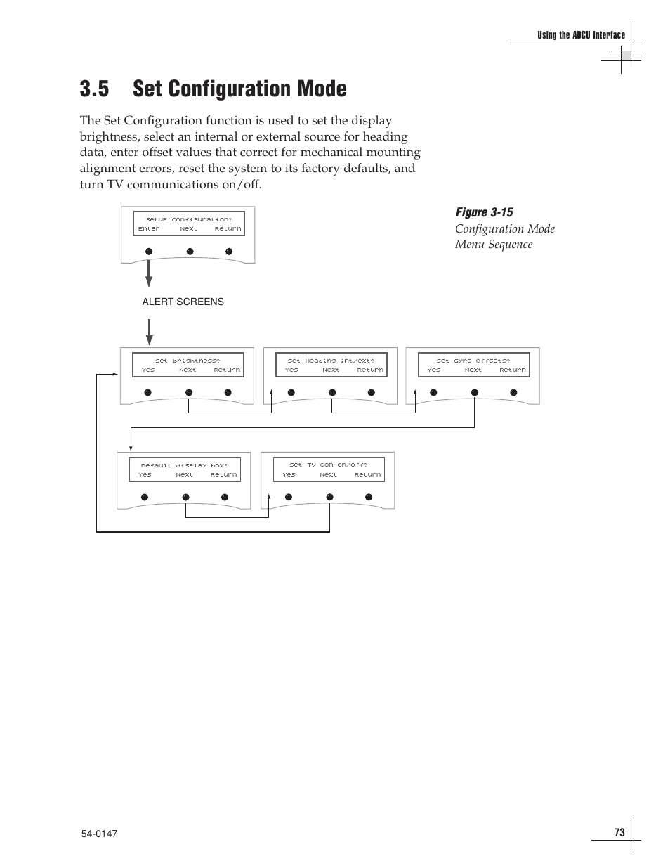 5 - set configuration mode, 5 set configuration mode, Figure 3-15 configuration mode menu sequence | KVH Industries TracVision G4 User Manual | Page 76 / 155