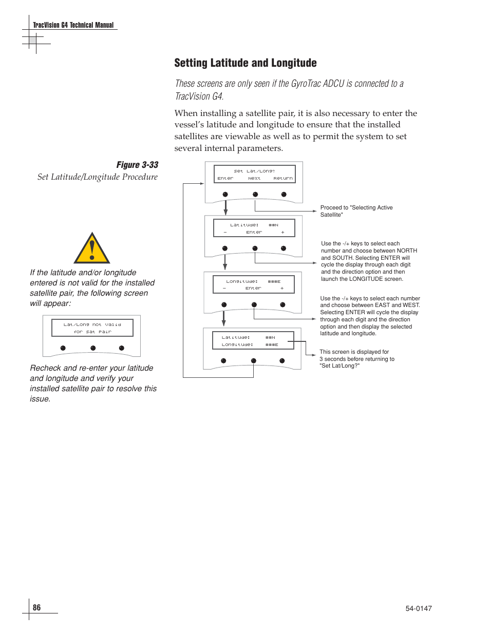 Setting latitude and longitude, Figure 3-33 set latitude/longitude procedure | KVH Industries TracVision G4 User Manual | Page 89 / 155