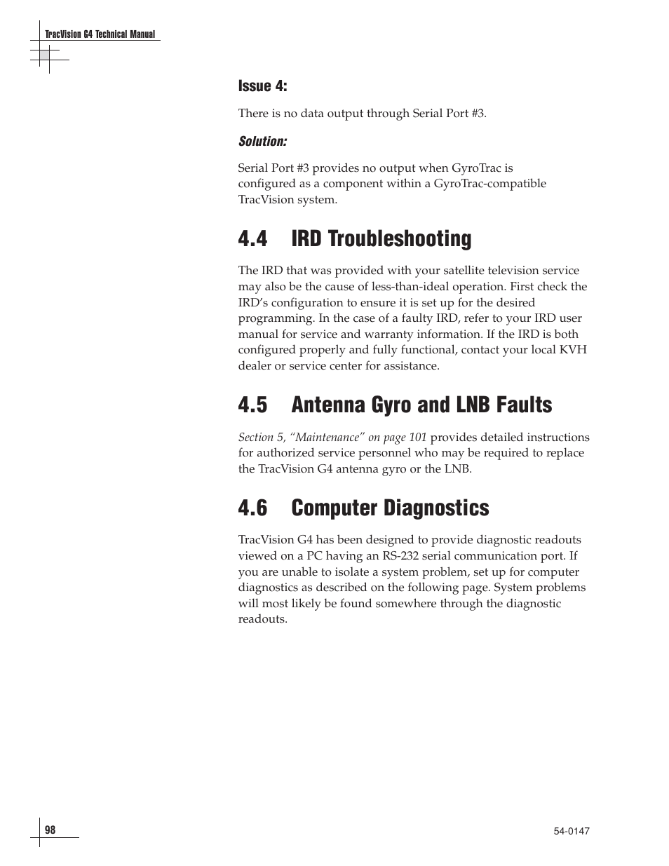 4 - ird troubleshooting, 5 - antenna gyro and lnb faults, 6 - computer diagnostics | 4 ird troubleshooting, 5 antenna gyro and lnb faults, 6 computer diagnostics | KVH Industries TracVision G4 User Manual | Page 99 / 155