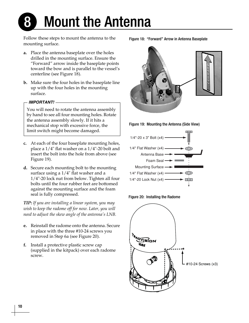 Mount the antenna, Mount the antenna, 10, Mount the antenna 8 | KVH Industries TracVision M5 User Manual | Page 10 / 41