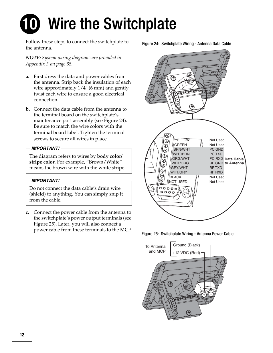 Wire the switchplate, Wire the switchplate, 12, Wire the switchplate 10 | KVH Industries TracVision M5 User Manual | Page 12 / 41