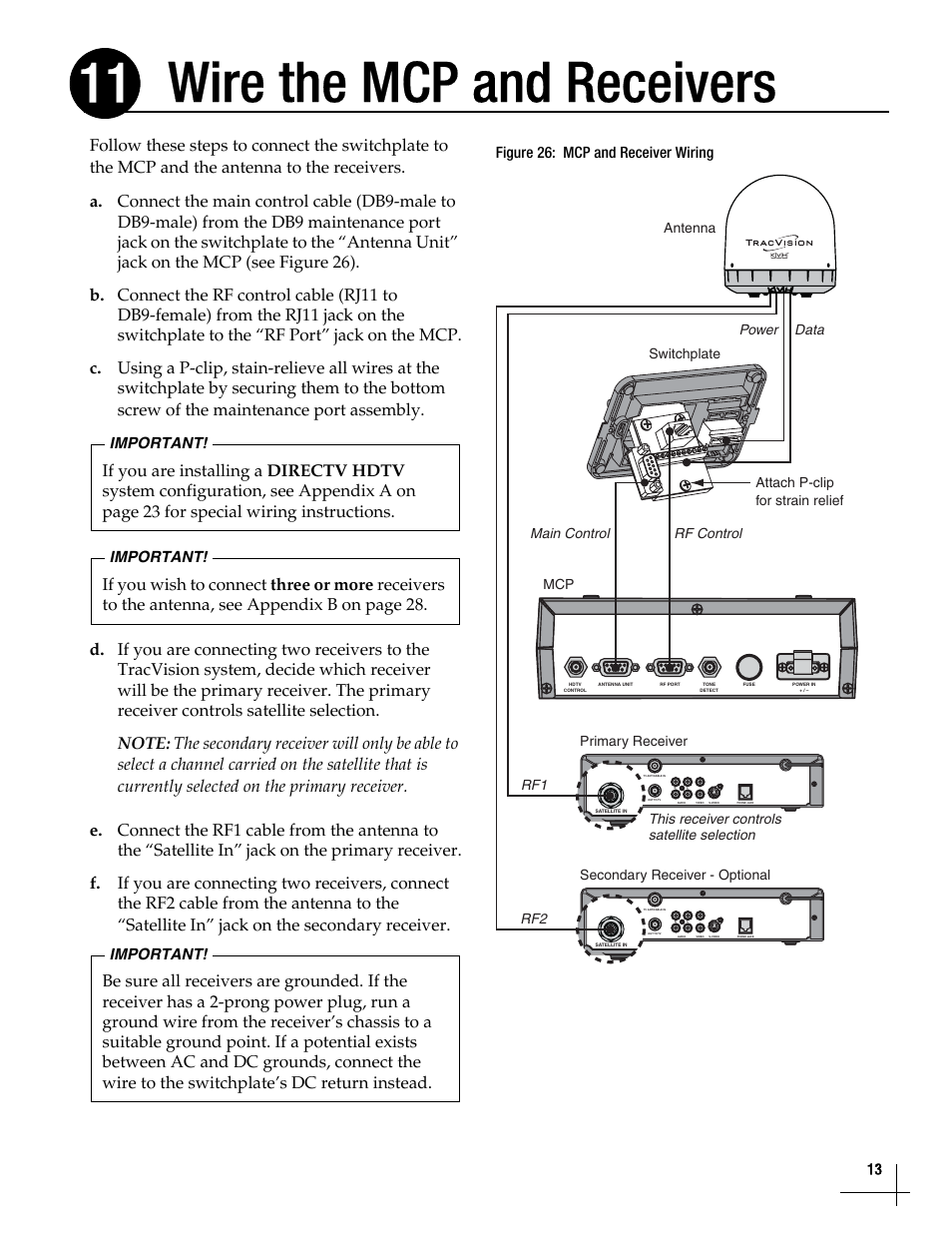 Wire the mcp and receivers, Wire the mcp and receivers, 13, Wire the mcp and receivers 11 | KVH Industries TracVision M5 User Manual | Page 13 / 41