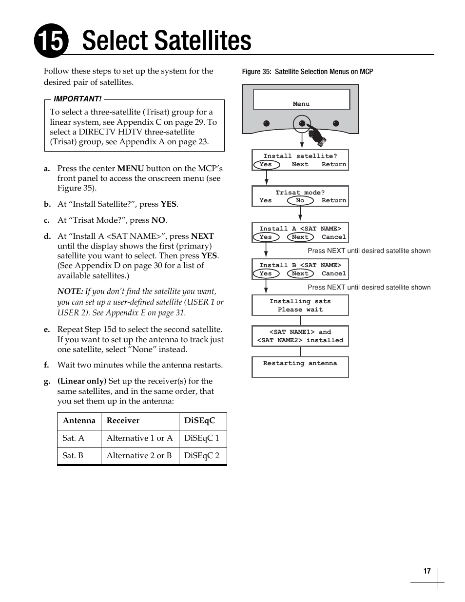 Select satellites, Select satellites, 17, Select satellites 15 | KVH Industries TracVision M5 User Manual | Page 17 / 41