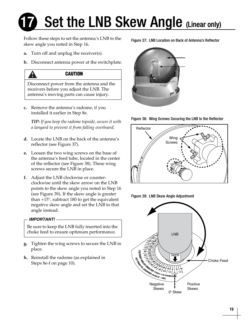 Set the lnb skew angle (linear only), Set the lnb skew angle (linear only), 19, Set the lnb skew angle | Linear only) | KVH Industries TracVision M5 User Manual | Page 19 / 41