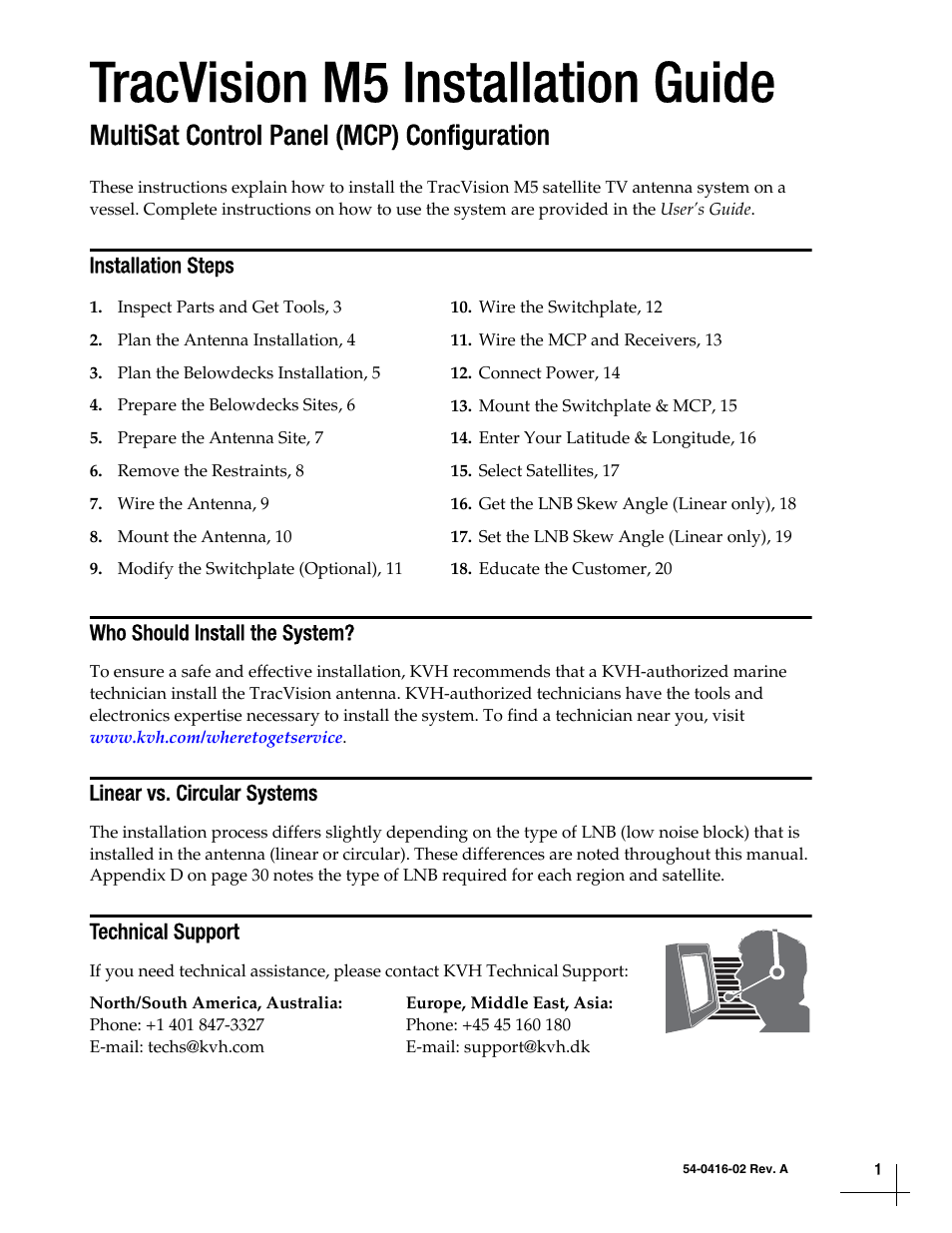 Installation steps, Who should install the system, Linear vs. circular systems | Technical support, Tracvision m5 installation guide, Multisat control panel (mcp) configuration | KVH Industries TracVision M5 User Manual | Page 2 / 41