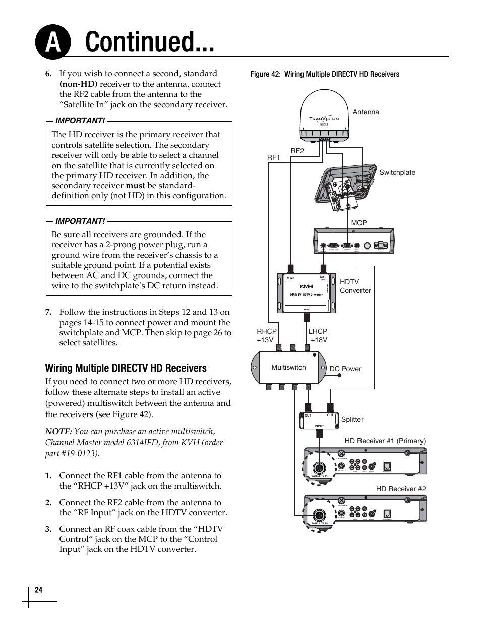 Continued... a, Wiring multiple directv hd receivers | KVH Industries TracVision M5 User Manual | Page 23 / 41