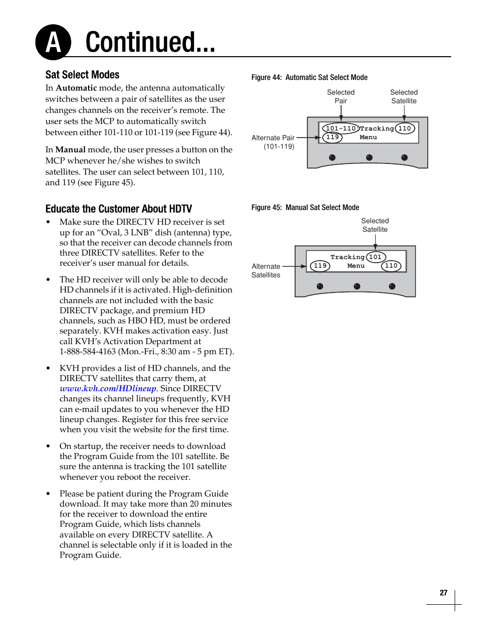Continued... a, Sat select modes, Educate the customer about hdtv | KVH Industries TracVision M5 User Manual | Page 26 / 41