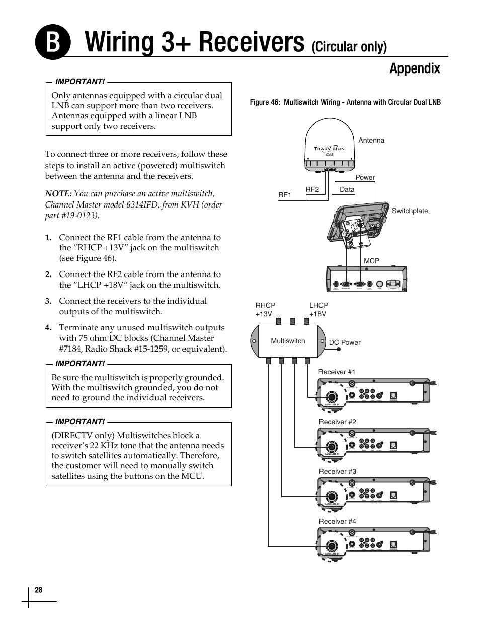 Wiring 3+ receivers (circular only), Wiring 3+ receivers (circular only), 28, Wiring 3+ receivers | Circular only), Appendix, Important, Receiver #1, Receiver #3, Receiver #4, Multiswitch dc power data power | KVH Industries TracVision M5 User Manual | Page 27 / 41