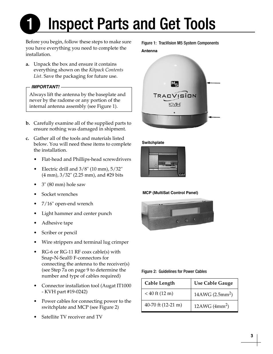 Inspect parts and get tools, Inspect parts and get tools, 3, Inspect parts and get tools 1 | KVH Industries TracVision M5 User Manual | Page 3 / 41