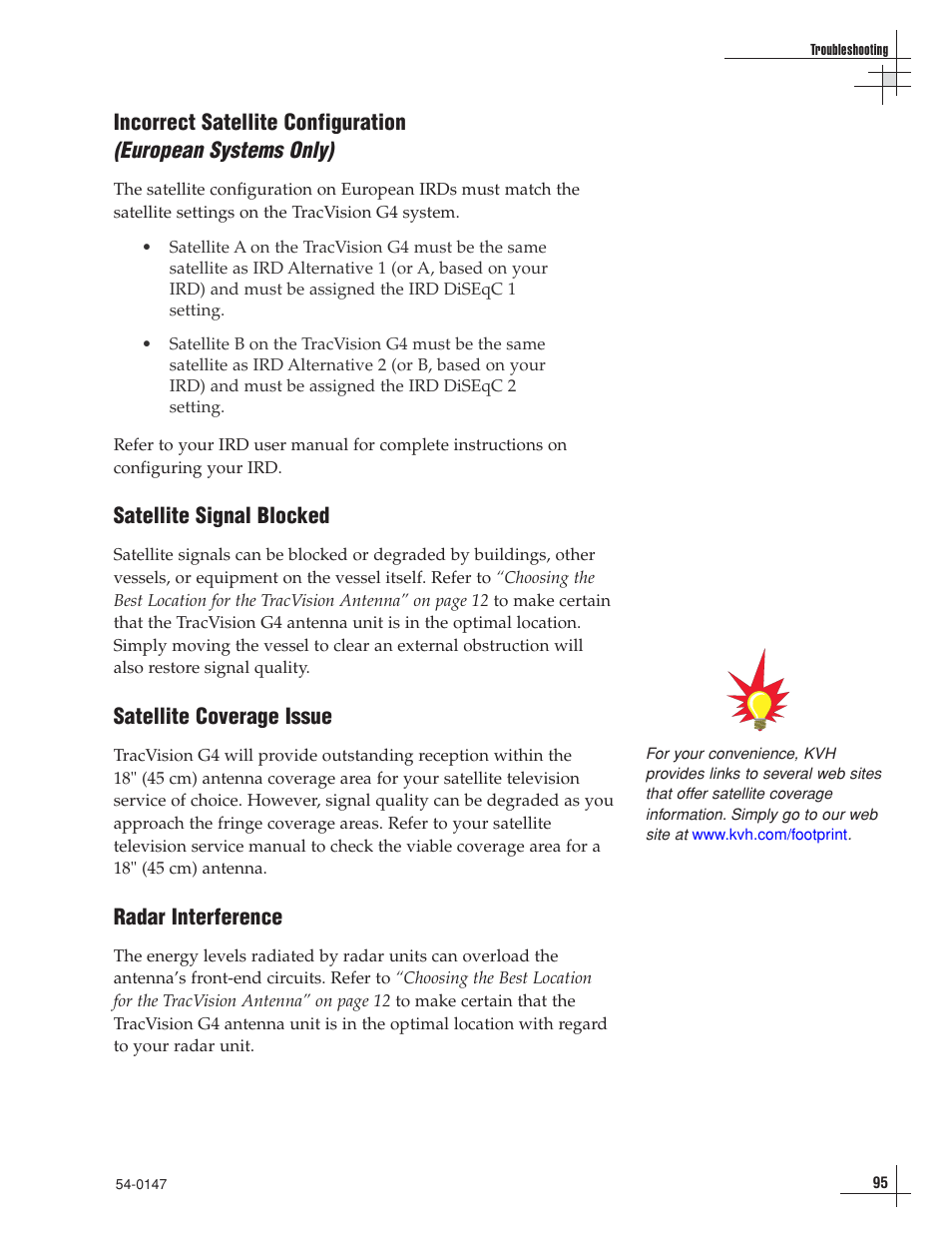 European systems only), Incorrect satellite configuration, Satellite signal blocked | Satellite coverage issue, Radar interference | KVH Industries KVHTRACVISION G4 User Manual | Page 104 / 164