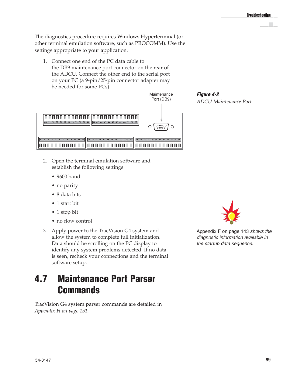 7 maintenance port parser commands, Figure 4-2 adcu maintenance port, Troubleshooting | KVH Industries KVHTRACVISION G4 User Manual | Page 108 / 164