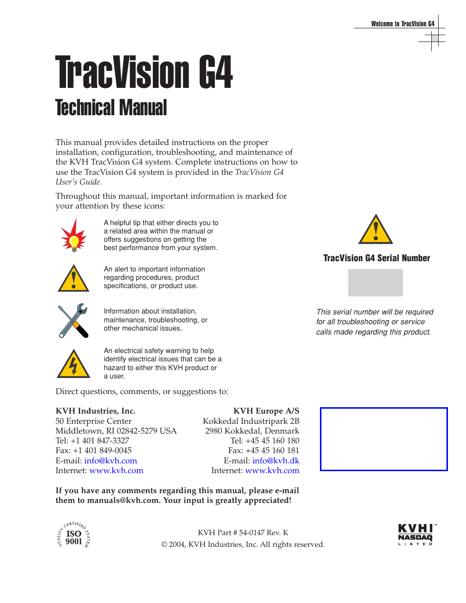 Tracvision g4, Technical manual | KVH Industries KVHTRACVISION G4 User Manual | Page 12 / 164