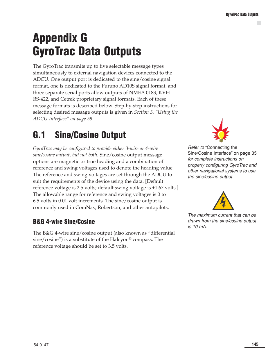 Appendix g - gyrotrac data outputs, Appendix g gyrotrac data outputs, G.1 sine/cosine output | KVH Industries KVHTRACVISION G4 User Manual | Page 145 / 164